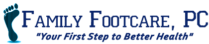 The image is a logo featuring the text Family Foot Care PC with an illustration of a foot and a shoe, along with a graphic representation of a family.