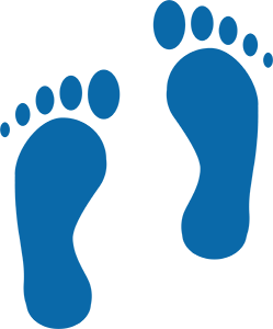 The image features a stylized representation of two feet with blue soles and toes, set against a contrasting background.